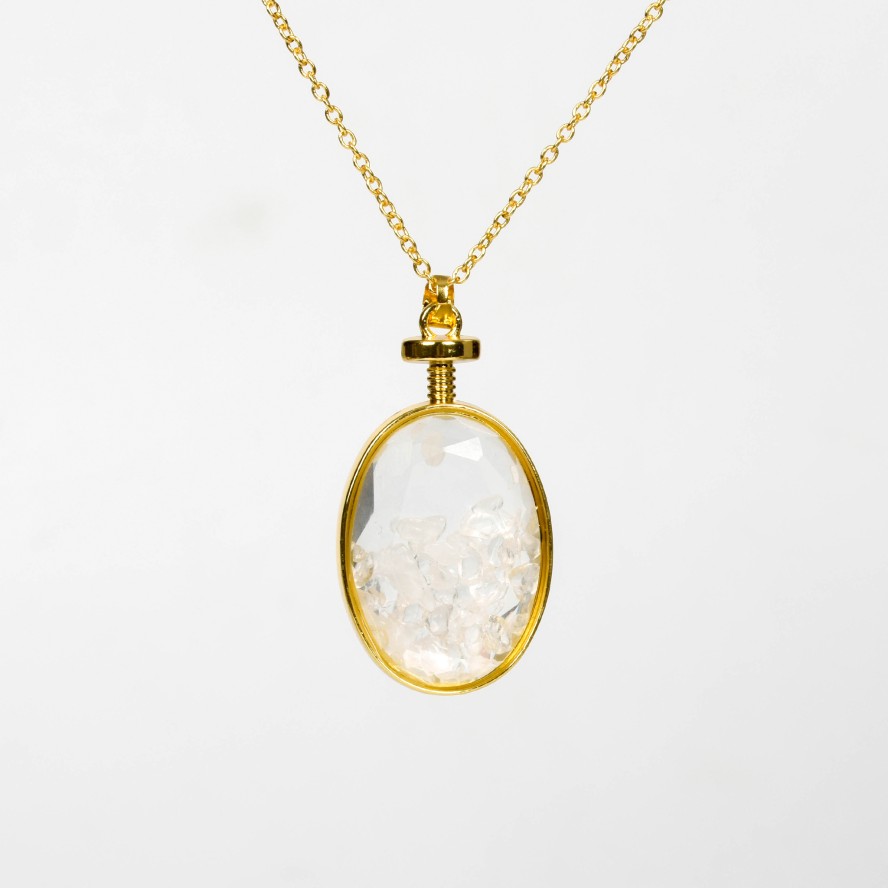 Crystal Chips In Oval Glass Pendant Necklace